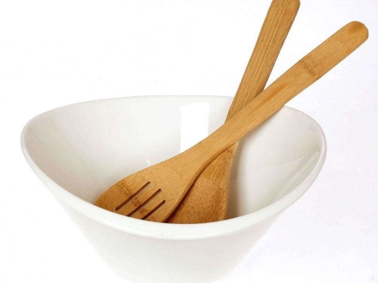 Σαλατιέρα Στρογγυλή Με Κουτάλες Bamboo (Σετ 3Τμχ) 26.000.901 26x12cm White-Natural Cryspo Trio Large Πορσελάνη