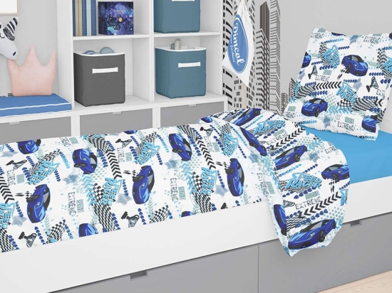 Παπλωματοθήκη Παιδική Εμπριμέ Speed Racer 291 Rotary Print White-Blue DimCol Μονό 160x240cm Βαμβάκι-Πολυέστερ