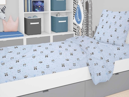Σεντόνια Παιδικά Σετ 2 τμχ Εμπριμέ Panda 110 Sky Blue DimCol Μονό 160x240cm 100% Βαμβάκι