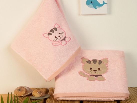 Πετσέτες Βρεφικές Με Κέντημα Kitty 136 (Σετ 2τμχ) Pink DimCol Σετ Πετσέτες 70x140cm 100% Βαμβάκι