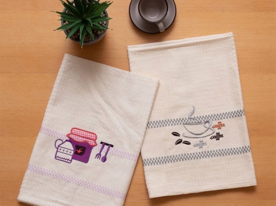 Ποτηρόπανα Πικέ Με Κέντημα 502 (Σετ 2τμχ) Ecru-Purple Viopros 45x65cm 100% Βαμβάκι