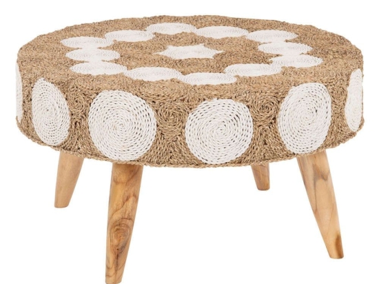 Τραπέζι Σαλονιού HM7825 Φ81x45cm Από Ξύλο Teak Natural-White Ξύλο,Ψάθα