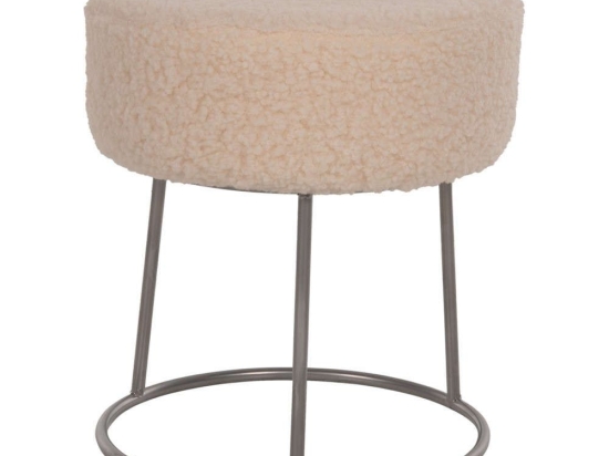 Σκαμπό Karlo HM8411.23 Φ35x41cm Με Ασημί Βάση & Μπουκλέ Ύφασμα White Μέταλλο,Ύφασμα