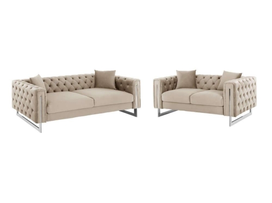 Σαλόνι (Σετ 2Τμχ) Mobar Τ.Chesterfield HM11936.02 Πόδια Μεταλλικά & Βελούδο Cream Βελούδο, Μέταλλο
