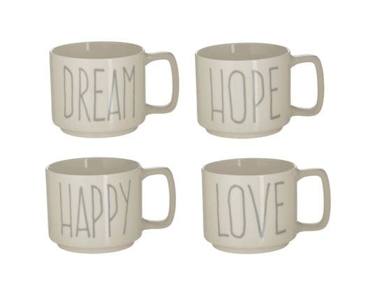 Click Love/Dream/Hope/Happy Κούπα από Πορσελάνη Λευκή 330ml 4τμχ