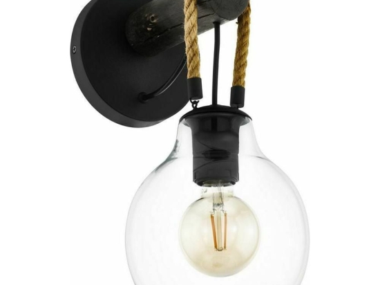 Φωτιστικό Τοίχου - Απλίκα 43619 Roding 1/E27 Wood Rope Black-Beige Eglo Μέταλλο,Ξύλο