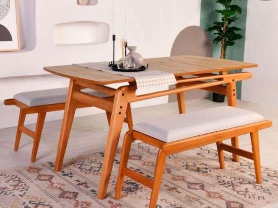 Τραπεζαρία Palace (Σετ 3Τμχ) 998VOW1170 160x78x77cm Oak-Cream 4 Θέσεων Ξύλο,Ύφασμα