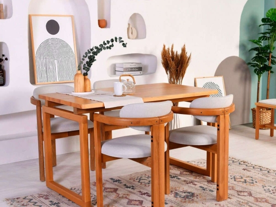 Τραπεζαρία Cheri (Σετ 5Τμχ) 998VOW1168 140x80x77cm Oak-Cream 4 Θέσεων Ξύλο,Ύφασμα