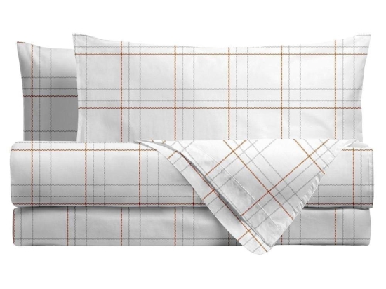 Amo la Casa Σετ Φανελένια Σεντόνια με Λάστιχο King Size 240×290 - Καρό Λευκό/Πορτοκαλί
