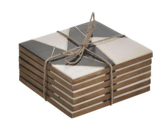 Σουβέρ (Σετ 6Τμχ) 3-70-249-0011 10x10cm Cream-Black Inart Ρητίνη