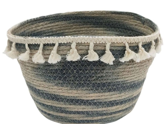 Καλάθι Οβάλ Ριγέ 00.06.61262 Με Φούντες 30x24x20cm Ψάθινο Natural-Blue Ψάθα