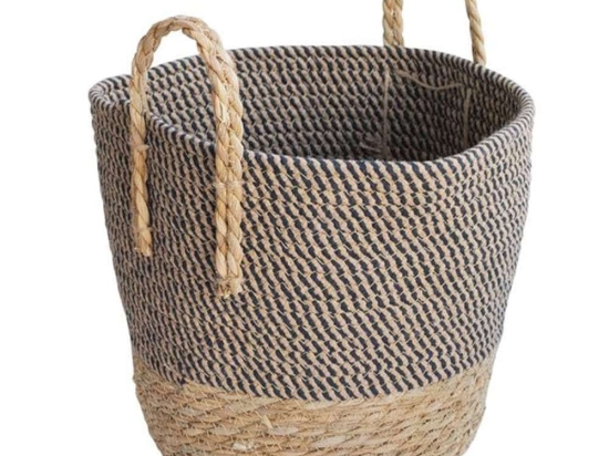 Καλάθι Με Ψάθινη Βάση 00.06.61361 Φ24x19-27cm Βαμβακερό Natural-Black Βαμβάκι, Ψάθα