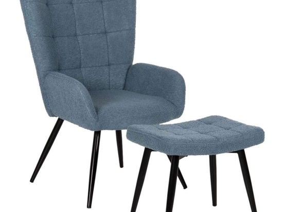 Πολυθρόνα Crawley HM8918.24 70x74x105cm Με Υποπόδιο & Μπουκλέ Ύφασμα Blue Μέταλλο,Ύφασμα