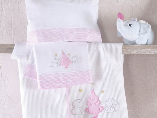 Κουβέρτα Βρεφική Με Κέντημα Elephant Friends Pink Ρυθμός Κούνιας 120x150cm 100% Βαμβάκι