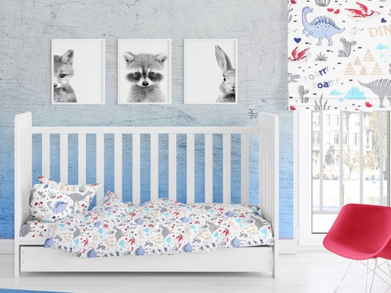 Σεντόνι Βρεφικό Dino 309 Με Λάστιχο White-Blue DimCol Κούνιας 70x155cm Βαμβάκι-Πολυέστερ