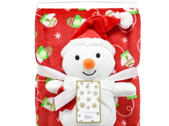 Λούτρινο Χριστουγεννιάτικο Snowman Με Κουβέρτα Βρεφική Coral Fleece (Σετ 2τμχ) Red DimCol Αγκαλιάς Πολυέστερ