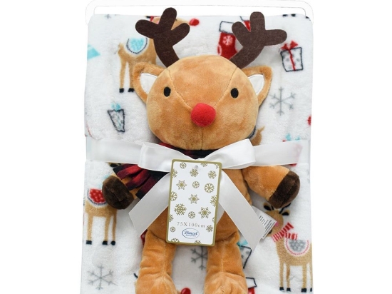 Λούτρινο Χριστουγεννιάτικο Reindeer Με Κουβέρτα Βρεφική Coral Fleece (Σετ 2τμχ) White DimCol Αγκαλιάς Πολυέστερ