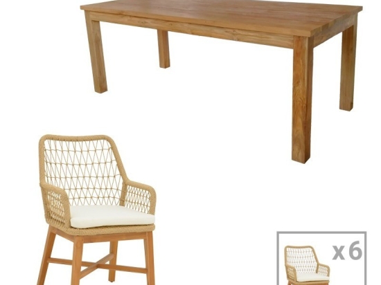 Τραπεζαρία Elaiza-Wooly (Σετ 7Τμχ) 343-000045 220x90x75cm Natural-Beige 6 Θέσεων