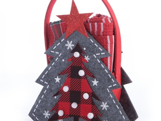 Ποτηρόπανα Χριστουγεννιάτικα Christmas Tree Σε Τσόχινο Καλαθάκι (Σετ 2τμχ) Red Nef-Nef Homeware 45x65cm