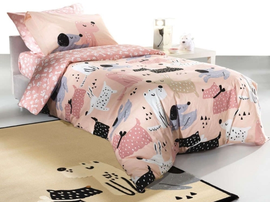 Σεντόνια Παιδικά Σετ 3Τμχ. Doggy Pink Saint Clair Μονό Χωρίς Λάστιχο 100% Βαμβάκι