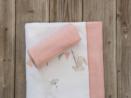 Πάνες Αγκαλιάς Υφασμάτινες Bunny Love Σετ 3τμχ White-Pink Nima 120x120cm 100% Βαμβάκι