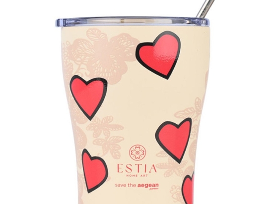 Ποτήρι - Θερμός Με Καλαμάκι Tender Lace Save The Aegean 01-31817 350ml Ivory-Red Estia