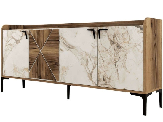 Μπουφές Venedik 845HCT5310 180x35x78cm Marble Effect White-Walnut Μοριοσανίδα, Μελαμίνη