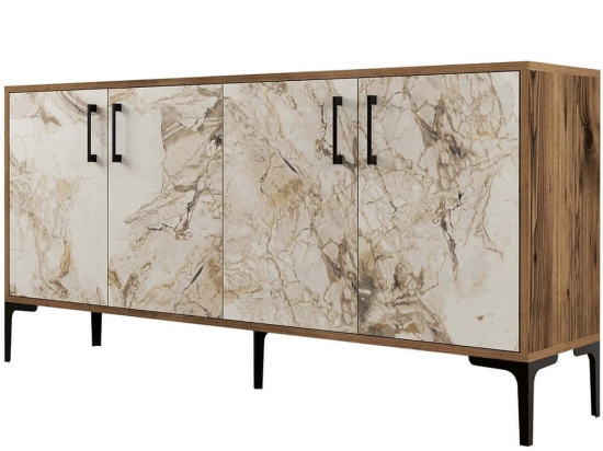 Μπουφές Kiev 845HCT5324 160x35x78cm Marble Effect White-Walnut Μοριοσανίδα, Μέταλλο