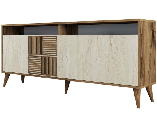 Μπουφές Milan 845HCT5606 180x35x78cm Travertine Beige-Walnut Πλαστικό,Μοριοσανίδα