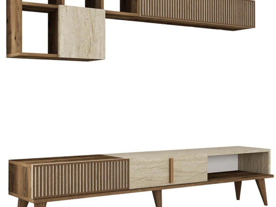 Σύνθεση Τηλεόρασης Milan 845HCT5607 180x35x40cm Travertine Beige-Walnut