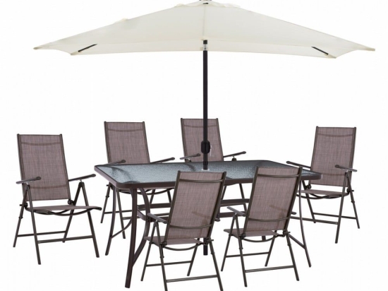 Τραπεζαρία HM11491 (Σετ 8τμχ) Με Ομπρέλα Beige Και Πολυθρόνες Brown 6 Θέσεων