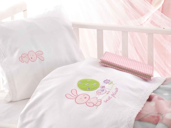 Σεντόνια Βρεφικά Σετ 3τμχ Sweet Summer White - Pink Ρυθμός Κούνιας 100x160cm Χωρίς Λάστιχο 100% Βαμβάκι