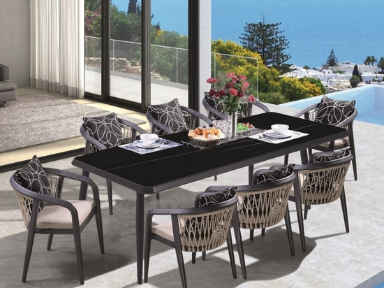 JARDIN ΤΡΑΠΕΖΑΡΙΑ ALU ΑΝΘΡΑΚΙ, HPL ΜΑΥΡΟ, ROPE ΜΠΕΖ: ΤΡΑΠΕΖΙ + 8 ΠΟΛΥΘΡΟΝΕΣ ΜΕ ΜΑΞΙΛΑΡΙΑ