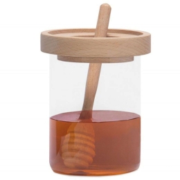 Δοχείο Μελιού Με Κουτάλι AH-MS72001 Φ7,5x11cm 450ml Clear-Natural Andrea House Ξύλο,Γυαλί