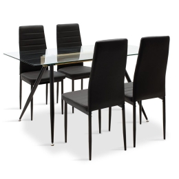 Τραπεζαρία Astrid-Parker pakoworld σετ 5τμχ γυάλινη με μαύρο pu 140x80x75εκ