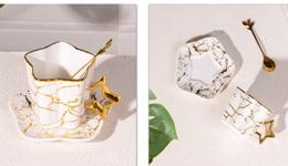 Κούπα με πιατάκι και κουταλάκι, Elegant Αστέρι με χρυσές λεπτομέρειες