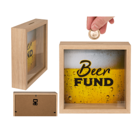 Κουμπαράς Beer Fund ξύλινης κατασκευής με μπροστινό τζάμι, 20 x 20 εκ.