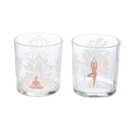 ΦΑΝΑΡΙ ΚΑΤΑΙΓΙΔΑΣ CYLINDRICAL "NAMASTE" ΔΕΝΤΡΟ MOTIF LOTUS MOTIF YOGA MOTIF ΓΥΑΛΙΝΟ BROWN CLEAR PU 18 PCS. ASSORTED H. C