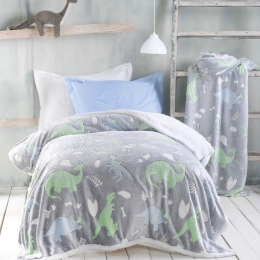 Dinoland γκρι παιδικό κουβερτοπάπλωμα flannel fleece που φωσφορίζει στο σκοτάδι 160x220 εκ