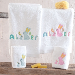 Miffy παιδικές βαμβακερές πετσέτες σε λευκή απόχρωση με σιέλ σχέδια σετ δύο τεμαχίων