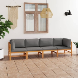 Καναπές κήπου τετραθέσιος από μασίφ ξύλο teak με γκρι μαξιλάρια 258x66x60 εκ