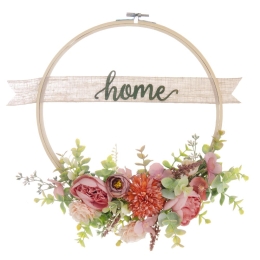Κρεμαστό τελαράκι Home με διακοσμητικά λουλούδια και λινάτσα 33x31 εκ