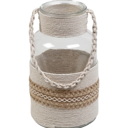 Boho φανάρι γυάλινο με μπεζ πλέξη 18x30 εκ