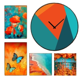 Blue Orange διακοσμητική σύνθεση με τέσσερις ξύλινους χειροποίητους πίνακες και ένα ρολόι τοίχου