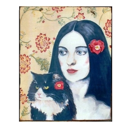 Ξύλινος πίνακας χειροποίητος woman and the cat 20x25 εκ