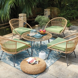 Καθιστικό κήπου retro με rattan σε φυσική απόχρωση και μεταλλικό σκελετό σετ πέντε τεμαχίων