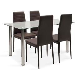 Τραπεζαρία Hazel-Parker pakoworld σετ 5τμχ γυάλινη με καφέ pu 140x80x75εκ