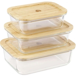 Δοχεία Φαγητού (Σετ 3Τμχ) 49613.03.01 640/1040/1500ml Clear-Natural Navaris Γυαλί,Bamboo
