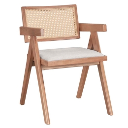 Πολυθρόνα Winslow pakoworld ξύλο rubberwood ανοικτό καρυδί-pvc rattan φυσικό-ύφασμα γκρι Σετ 2 Τεμαχίων