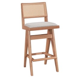 Σκαμπό bar Winslow pakoworld ξύλο rubberwood ανοικτό καρυδί-pvc rattan φυσικό-ύφασμα γκρι 44.5x46x98εκ Σετ 2 Τεμαχίων